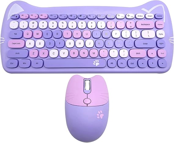 Wireless Mouse and Keyboard, Cute Cat Keyboard Mouse Combo for present,2.4G Cordless Computer Mice with USB Receiver for Laptop PC MAC (Taro Purple)