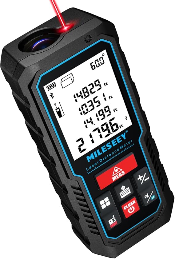 MILESEEY Laser Measure, 2mm Accuracy Laser Measuring Tool with Angle Sensor | Sync Data to Phone App, 2" LCD Backlit, Ft/In/Ft+In/M Units, Distance/Area/Volume/Pythagorean Measurement,Battery Included