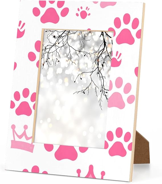 Crowns Paw Prints Picture Frame 4x6, Pink Paw Prints 4x6 Photo Frame Horizontal & Vertical Display 4 by 6 Wooden Picture Frame for Desktop or Wall Decoration
