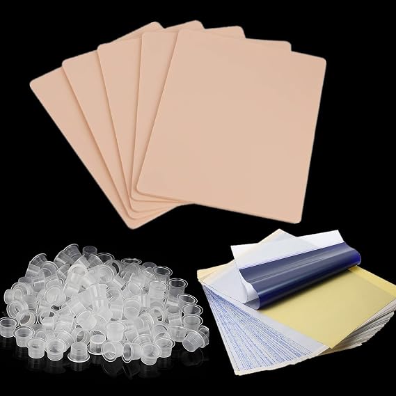 3mm Tattoo Skin Practice Kit - Yuelong 515PCS Tattoo Fake Skin Ink Caps and Transfer Paper Set Includes 5Pcs 3mm Tattoo Practice Skins 500Pcs Pigment Cups and 10pcs Stencil Paper for Artist