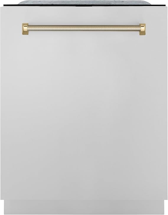 ZLINE Autograph Edition 24 in. Monument Series 3rd Rack Top Touch Control Tall Tub Dishwasher in Stainless Steel with Polished Gold Helix Handle, 45dBa (DWMTZ-30424-KG)