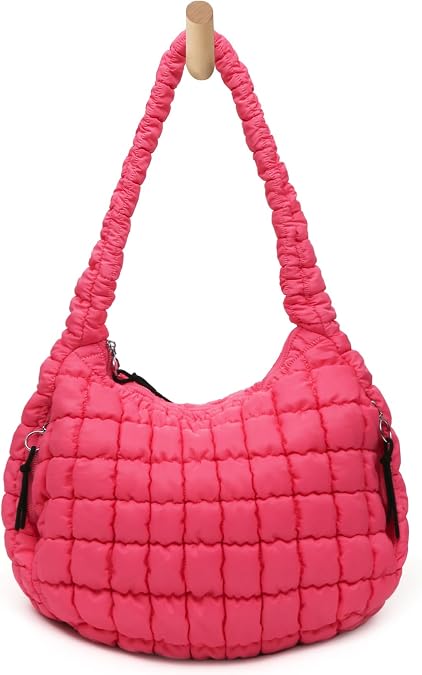 Quilted Puffer Tote Bag for Women Soft Puffy Large Hobo Crossbody Handbags Purse Lightweight Shoulder Bag, Pink