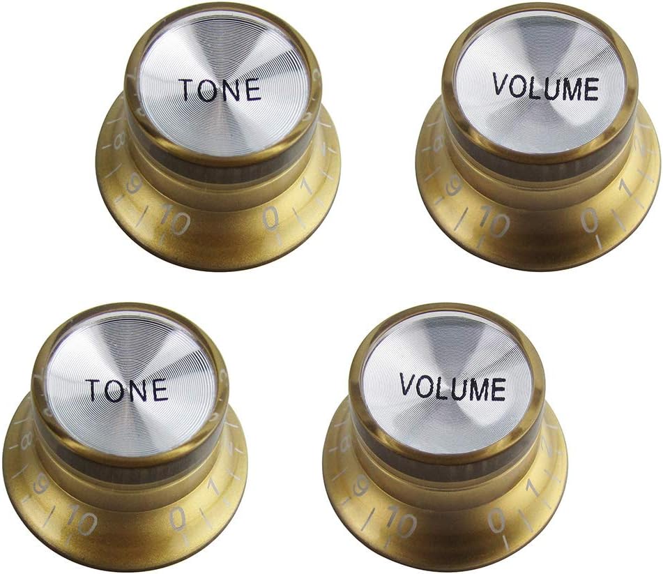 FLEOR Top Hat Style Volume and Tone Control Knobs 2T2V with Alumium Top for SG LP Style Guitar 18-spline Pot,Gold