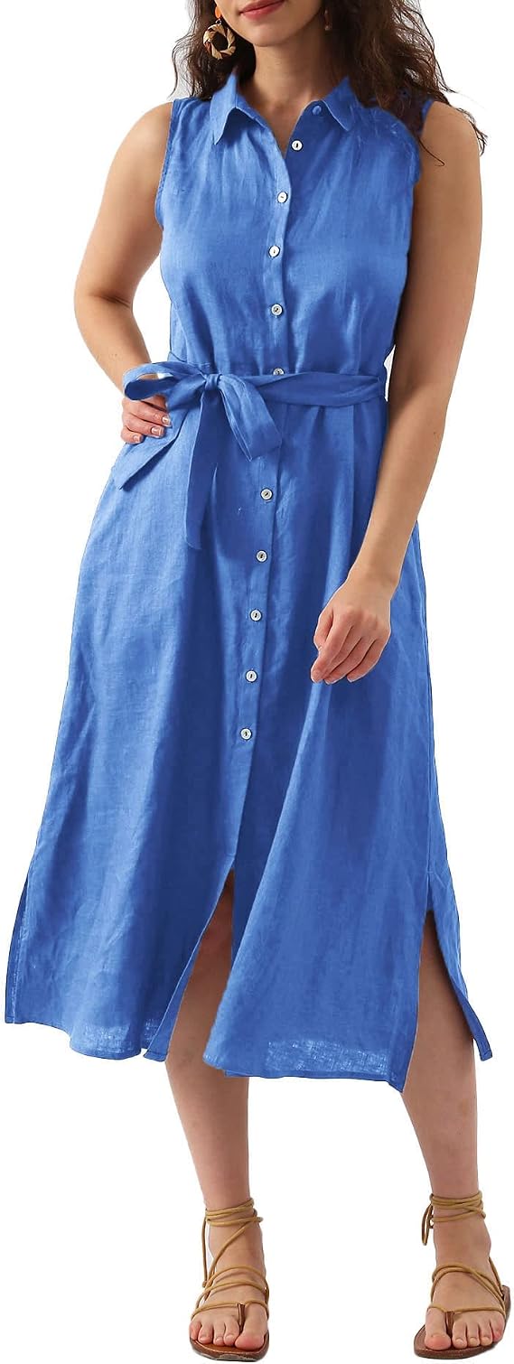 Amazhiyu Womens Pure Linen Summer Button Down Midi Dresses with Pockets and Belt
