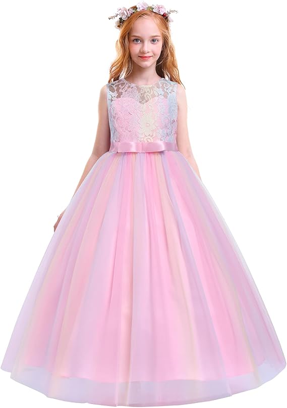 Rainbow Flower Girl Lace Dress for Kids Wedding Bridesmaid Pageant Party Prom Formal Ball Gown Princess Tulle Dresses