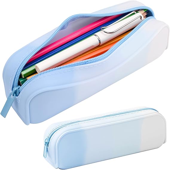 minimaliving Pencil Case,Colorful Silicone Waterproof Pencil Pouch Aesthetic Lightweight&Portable Pen Bag Stylish Small Office Supplies for Adults,Women and Men(Blue)