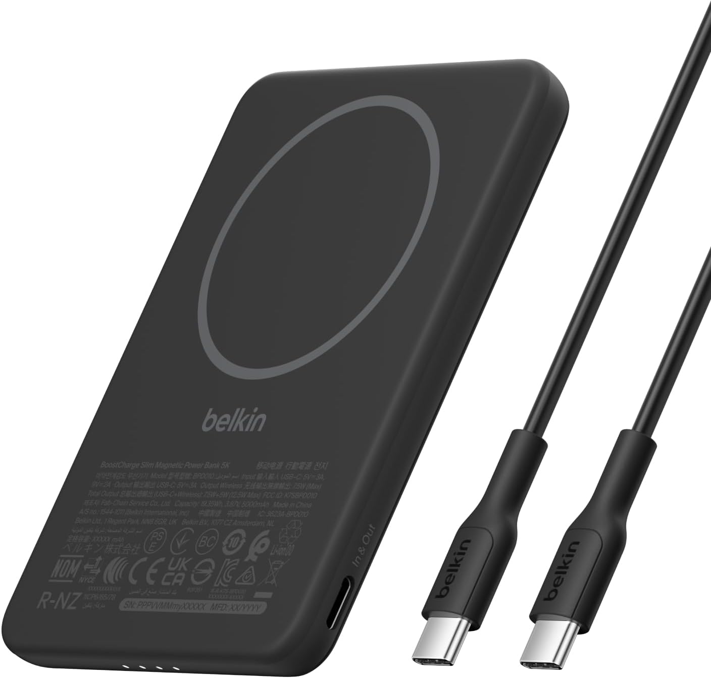 Belkin BoostCharge Manyetik Power Bank 5000 mAh, Manyetik Halka ve USB-C Porta Sahip İnce Taşınabilir Şarj, iPhone, Galaxy, Pixelsnap, iPad ve