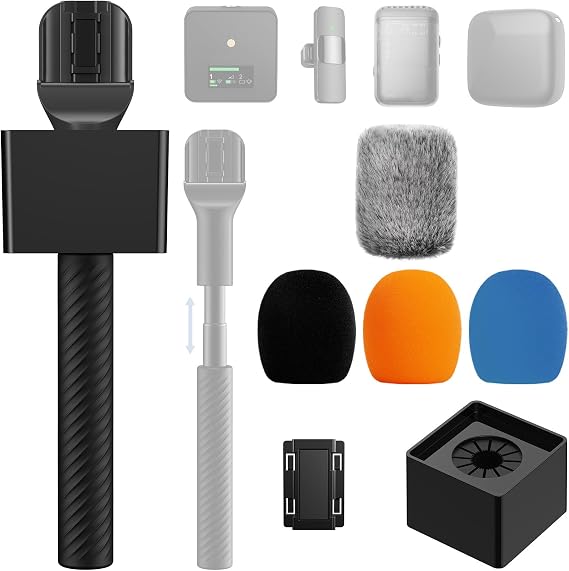 TONOR Wireless Mic Handle Compatible with DJI, RODE, Hollyland, Adjustable length Microphone Stand for ALL Lavalier Mic, Channel Flag Box, Rubber Grip, Wind Muff for Vlog, Reports, Interview, TP40