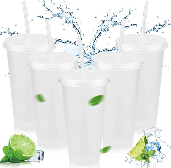 Reusable Clear Cold Cups with Lids and Straws,5 Pcs Iced Water Cups 24oz & BPA Free Plastic Cup,Cold Drinking Tumblers Travel Mugs Custom for Coffee Smoothie Juices Party Bulk for Adult Women