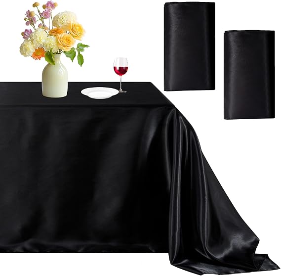 Black Satin Tablecloth 90x132 Inch 2 Pack Romantic Silk Smooth Table Cloth
