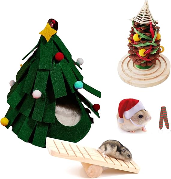 5 Pcs Hamster Set Chew Toys Tree Wooden Seesaw Habitat Decor Cloth Christmas Hat for Small Animal Chinchillas, Bunny,Mice,Rats,Mouse (Christmas Set)