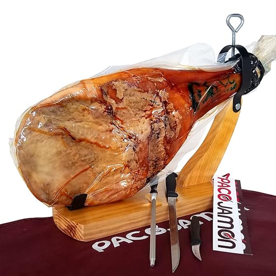 Paleta Iberica de Bellota"Pata Negra" Paco Jamon, 10-12 libras, 3 Anos de Curacion + Jamonero Modelo Gondola + Cuchillo Jamonero Flexible + Chaira