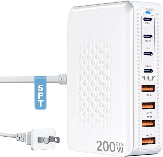 USB C Charger Block Charging Station-200W Fast GaN 8-Port Multiple Devices USB Charging Hub,65W Laptop Power Adapter Charger Compatible Apple iPhone 17/16/15/14,MacBook Pro/Air,iPad,Steam Deck,DELL