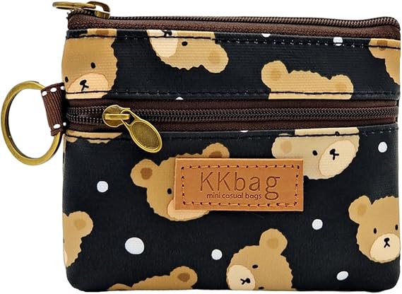 Small Wallet for Women Men Coin Purse Change Holder Zipper Nylon Coin Purse with Keychain (Bear Black)