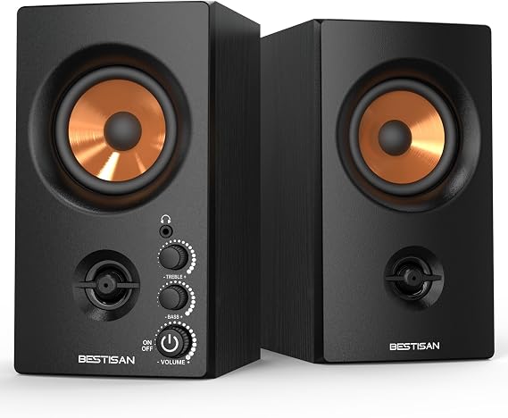 BESTISAN Active Bookshelf Speakers, 50W BT Home Speakers, 3 Woofer, 1 Silk Dome Tweeter PC Speakers, RCA Speakers for Desktop/Turntable/TV, Bass & Treble Adjustable, Headphone Port for Gaming