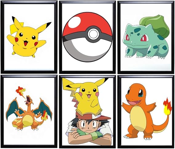 TFH Art Design - Pokemon Wall Poster - Pikachu, PokeTop, Charizard, Charmander, Ash, and Bulbasaur - For Kids Bedroom Print - Set Of 6 Pieces - 8 x 10 inch - UNFRAMED