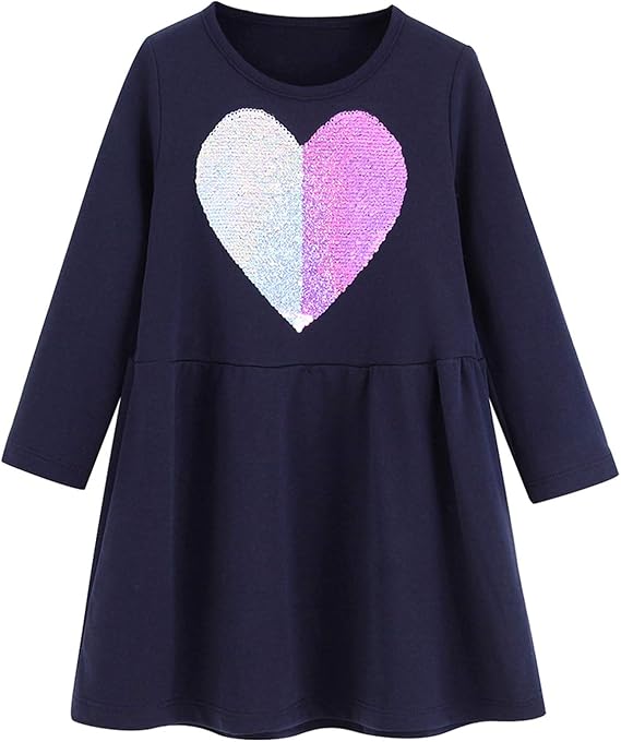 Girls Dress Reversible Sequin Soft Cotton Long Sleeve Party Casual Dress Cute 2-7 Years