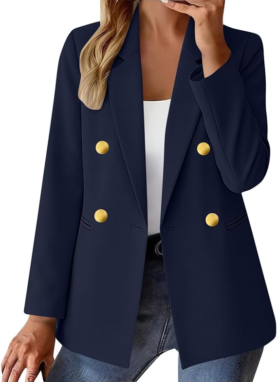 Blazers for Women UK Double Breasted Blazer Ladies Elegant Plain Suit Jacket Classic Notched Lapel Business Casual Blazers for Work Office Formal Jackets Open Front Cardigan Coat with Gold Buttons