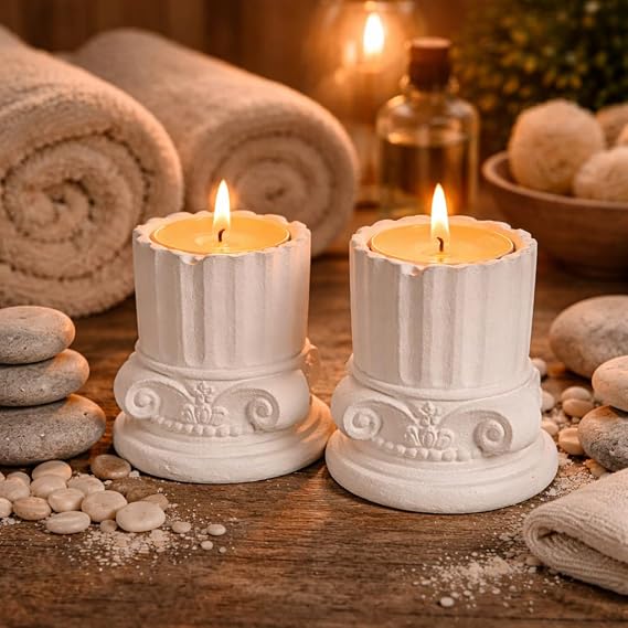 Antik Roma Sütun Tealight Mumluk Seti, Beyaz, Taş Tozu, 10 cm, Vintage Stil, 2'li Set