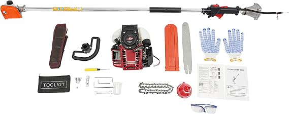 Pole Saw Gas Powered, 43cc 4-Stroke Gas Pole Chainsaw, 59 inch Extendable Tree Trimmer with 12" Bar for Tree Limb Branches Pruning, Shoulder Strap & Safety Gear for High Branches