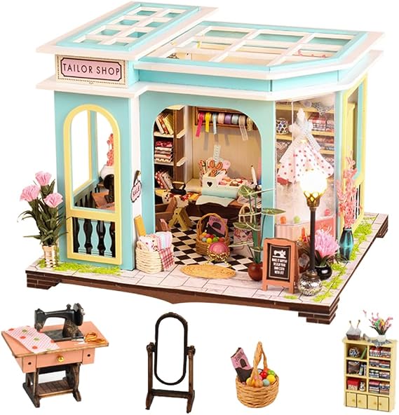 DIY Miniature House Kit, Creative Room Wooden Doll House Accessories, Tailor Shop Tiny House Kit to Build with LED Lights and Furniture