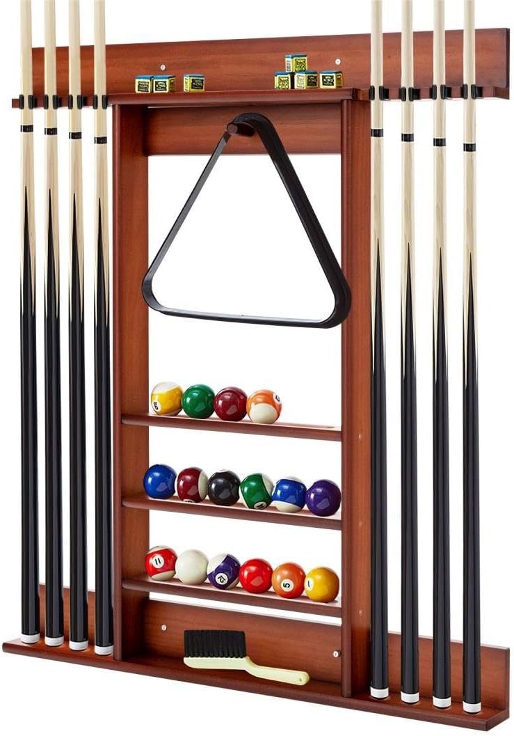 SPOTRAVEL Billiards Pool Cue Rack, Wall Mounted Cue Rack Stand with 3 Tiers Ball Slots & 8 Clips, Billiard Pool Table Accessories for Club (Brown)