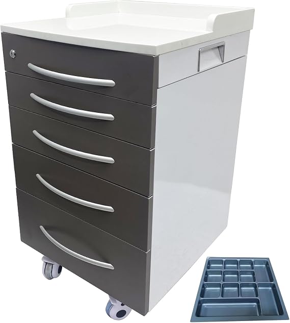 TECHTONGDA Mobile File Cabinet 5 Drawer Medical Dental Assistant's Mobile Cabinet Stainless Steel Utility Cart Brown Medical Storage Cart with Lock, 2 Divider Brackets and One Hidden Side Drawer