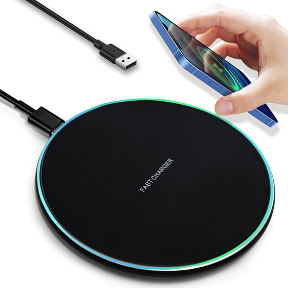 Wireless Charger With Indicator Light,Certified 15W Max Fast Wireless Charging Pad with USB-C Cable, Compatible with iPhone 16/15/14/13/12/XS AirPods Samsung HUAWEI Series And More(Black)