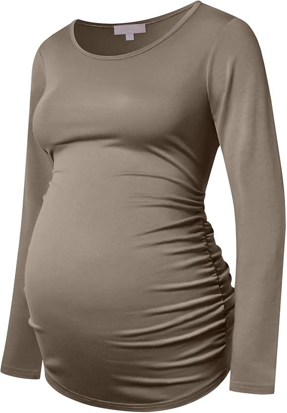 Maternity Shirt Long Sleeve Basic Top Ruch Sides Bodycon Tshirt for Pregnant Women