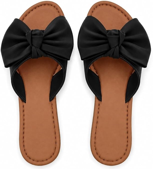 Tiara Women's Bow Sandals, Slip On Flat Slides with Bow Detail