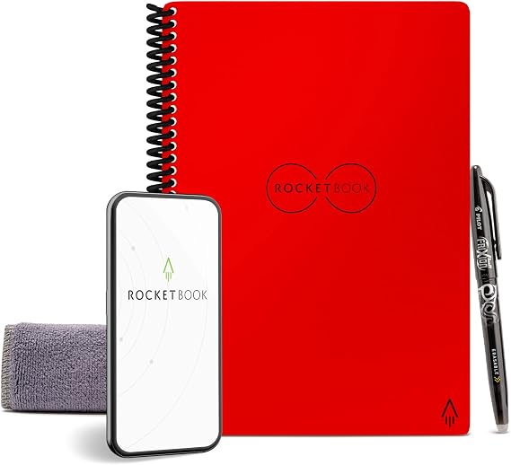 Rocketbook Reusable Digital Notebook - Smart Notepad A5 Red - Spiral Note Book To Do List Pad, Lined Paper with Frixion Erasable Pen and Wipe, Office Gadget with Rocketbook App, Reduce Paper Waste