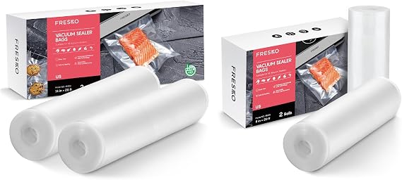 FRESKO Vacuum Sealer Bags Rolls, 4 Packs 2 Rolls 11" x 20' and 2 Rolls 8"x20' Customized Size Storage Bags with BPA Free, Heavy Duty Food Bags for Meal Prep and Sous Vide Cooking