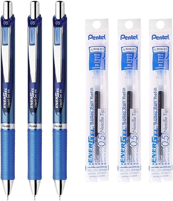 EnerGel Pentel Retractable Liquid Gel Pen, 0.5mm, Blue Ink, Blue Body, 3 Pens & 3 Ink Refills