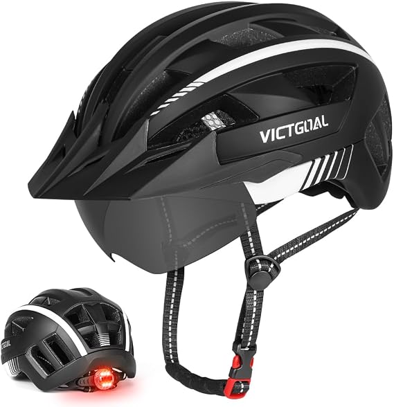 Bike Helmet for Men with M/L/XL Sizes, Magnetic Goggles, Removable Visor | PC Outer Shell, EPS Foam, 2-IN-1 Function of Rear Light with Size Regulator, for Adult Men Women Mountain Road Cycling