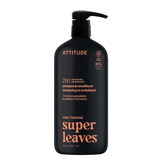 ATTITUDE Men's Shampoo and Conditioner 2-in-1, Nourishing For Dry Hair and Scalp, With Panthenol and Ginseng, 97% Natural Origin Ingredients, EWG Verified, Patchouli & Bourbon, 32 Fl Oz