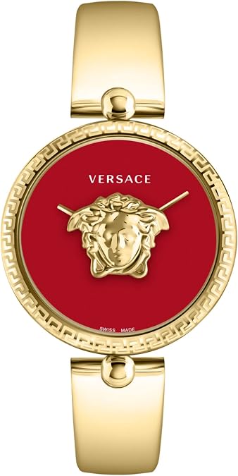 Versace Palazzo Empire Collection Luxury Womens Watch Timepieces with a Gold Bracelet and Case Featuring a Red Dial