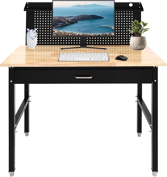 Work Bench with Pegboard, Heavy Duty Garage Workbench - Metal and Wooden Workbenches, Height Adjustable Workbench, Containing Storage Drawer, 2000 lbs Capacity, Black