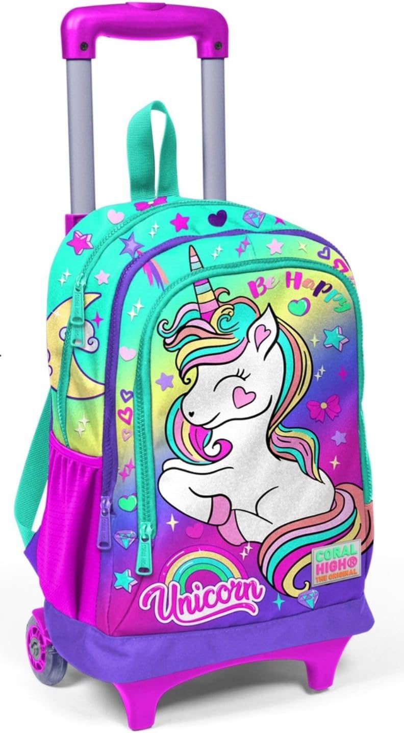 Coral High Lighted Wheeled Unicorn Rickshaw School and Travel Bag Girls Green Purple