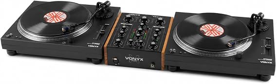 2x Vonyx DT3000 Belt Drive DJ Turntables with Rotary Mixer, Vinyl DJ Decks Setup for Home Hi-Fi and Mixing, S-Shaped Tonearm, USB Output, Phono Line Preamp, RCA Cables Included