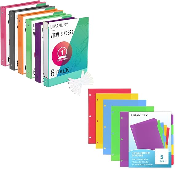 6 Pack Binders & 6 Sets 5 Tab Plastic Dividers