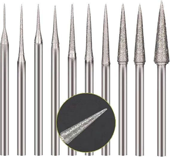 10 Pcs Cone Shape Diamond Burr Set - 3/32'' Shank Diamond Cone Burs Stone Carving Bits for Rotary Tool Include Dremel