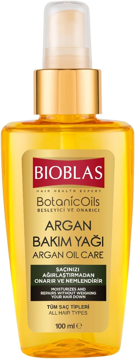 Bioblas Argan Yağlı Saç Bakım Yağı – Durulanmayan, Isıya Karşı Koruyucu, Onarıcı & Parlaklık Veren Serum,%100 Besleyici Etki, 100 ml