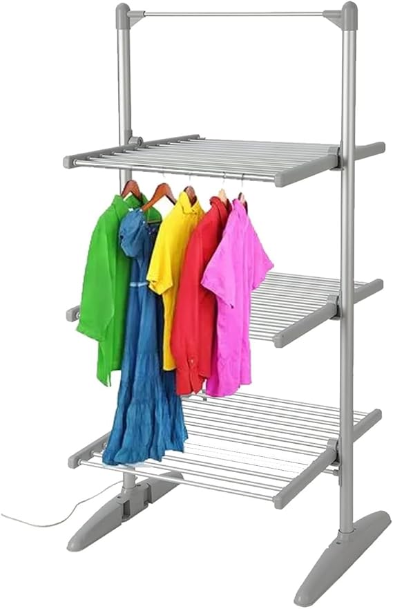 3-Tier Heated Clothes Airer, Aluminium Portable Folding Electric Dryer, Floor-Standing Clothes, 300W 45-55C Constant Temperature Drying Rack for Indoor, Outdoor, Bathroom, Laundry Room