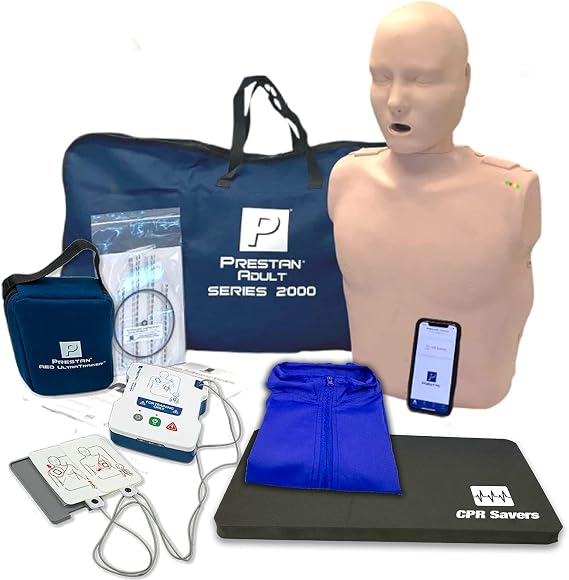CPR Savers Training Kit with PRESTAN Series 2000 Manikin, AED Trainer, CPR Mat, Manikin Vest, CPR Savers Rescue Mask Kit (Dark)