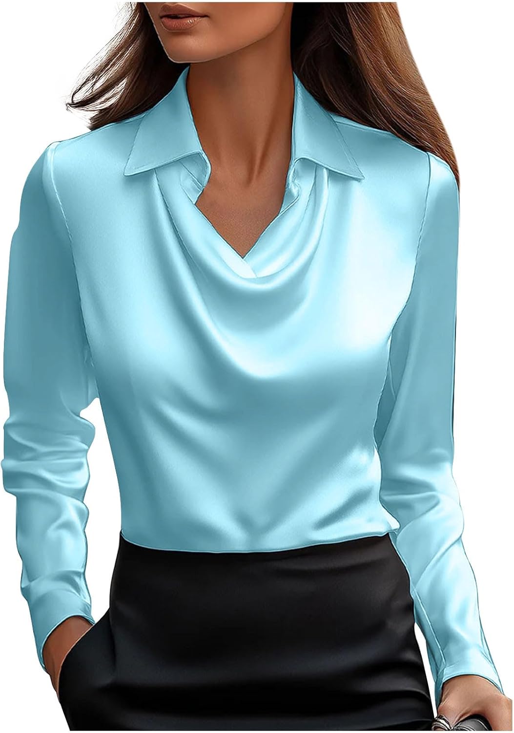 Cbcbtwo Business Casual Tops for Women Elegant Cowl Neck Long Sleeve Blouses Silk Satin Office Work Shirts