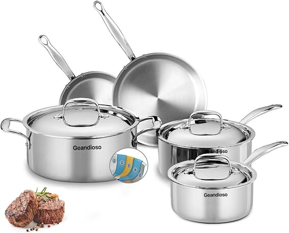 Stainless Steel Cookware Set, 5-ply cookware,8-Piece Pots and Pans Set, 316L Professional Grade, Oven and Broiler Safe to 650F, Dishwasher Safe, Durable, Induction Compatible, Silver