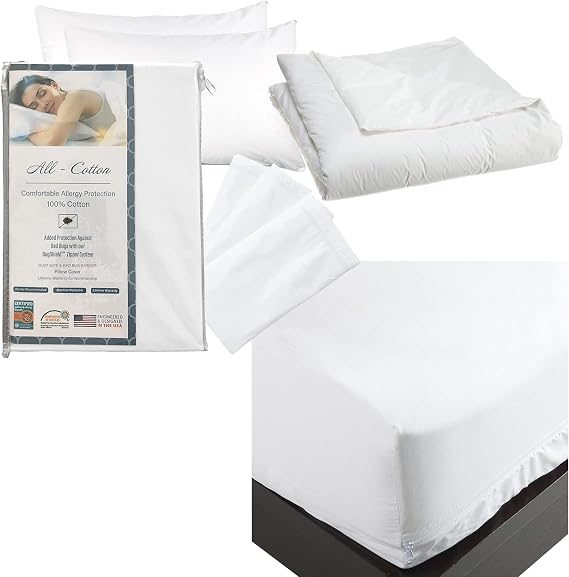 National Allergy Complete Bedding Set - 100% Cotton Hypoallergenic Pillow (Standard, 2 Pack) & Mattress Protector (Full, 12-Inch Deep), Duvet Cover (Full / Queen)