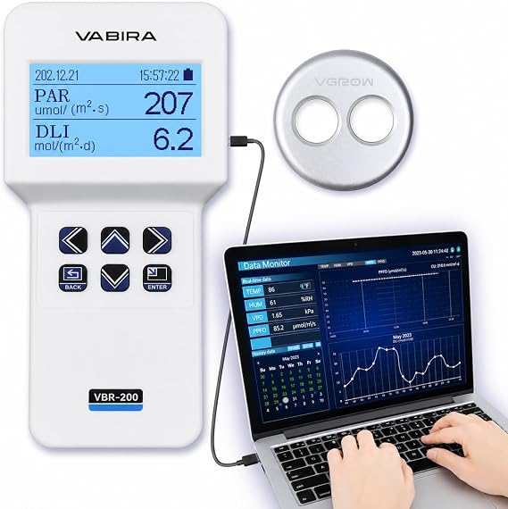 VBR-200 PAR Meter with Light Dimmer Control, Maintain Target PAR Automatically, PPFD DLI Meter, Adjust Grow Light Power Based on Sunlight, Test PAR/LUX/CCT/Temp/Humidity/VPD
