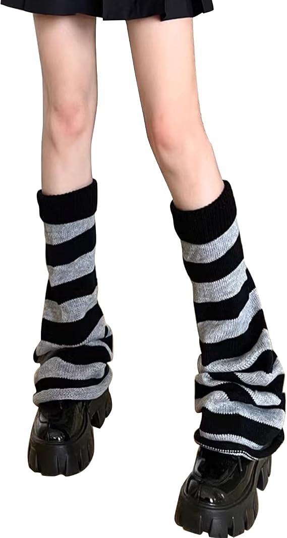 Y2K Kawaii Leg Warmers, Women's & Girls' Striped Knit Socks, One Size Fits Most, Black & Gray Stripes Flared, Casual
