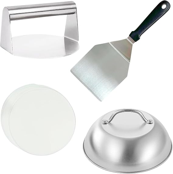 4Pcs Burger Press Kit with 15" Burger Smasher, 12" Griddle Spatula, 9" Cheese Melting Dome & 50 Wax Discs, 430 Stainless Steel Smash Burger Press Kit, Griddle Accessories Kit
